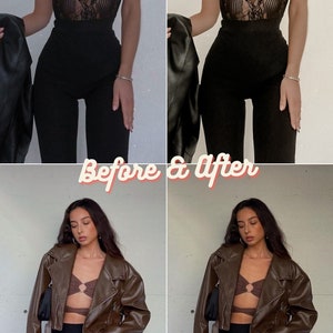 May include: Before and after photos of a person wearing a black lace bodysuit and black pants, and then a brown leather jacket, a brown top, and black pants.