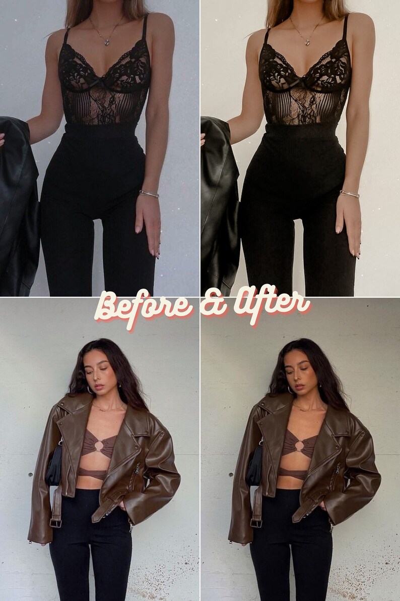 May include: Before and after photos of a person wearing a black lace bodysuit and black pants, and then a brown leather jacket, a brown top, and black pants.