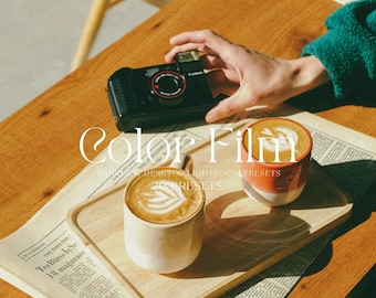 May include: A close-up of two coffee cups on a wooden tray. The cups are filled with coffee and have a latte art design. The tray is on top of a newspaper with the text "Tez Büro Ise 18 magazasi" visible. The image is titled "Color Film" with the text "Mobile & Desktop Lightroom Presets 20 Presets".