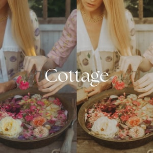 May include: Two women wearing floral dresses are arranging flowers in a bowl filled with water. The bowl is on a wooden table. The flowers are a mix of pink, white, and yellow.