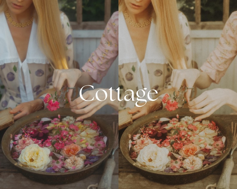 May include: Two women wearing floral dresses are arranging flowers in a bowl filled with water. The bowl is on a wooden table. The flowers are a mix of pink, white, and yellow.