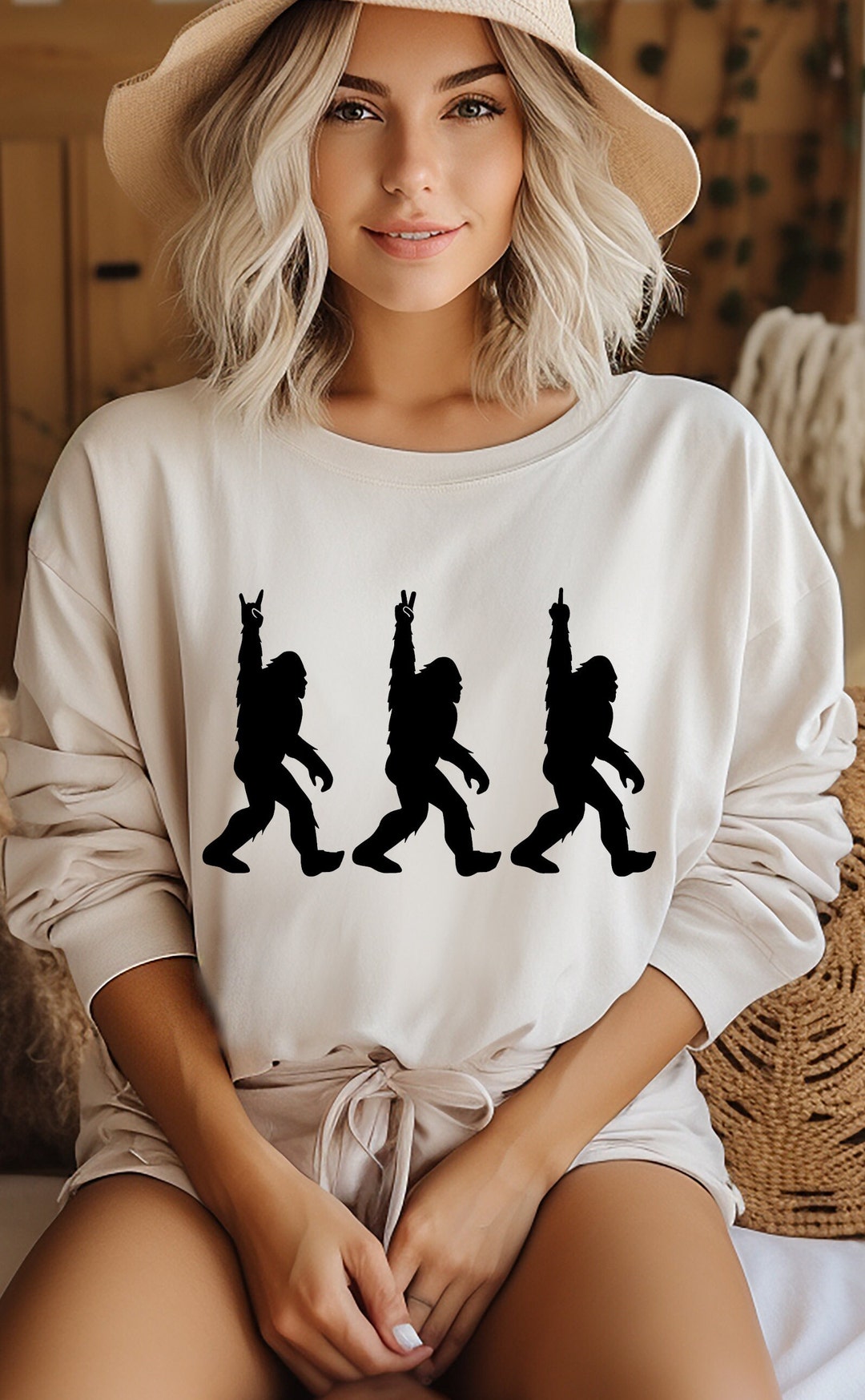 White Bigfoot Pattern Print Women Off Shoulder Sweatshirt main image 0