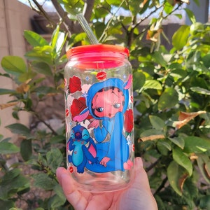 Betty & Stitch 16oz Glass Cup, Glass Can, Valentines Gift, Valentine glass cup, Gift for Her, Coffee Cup, Iced Coffee Cup, Stitch