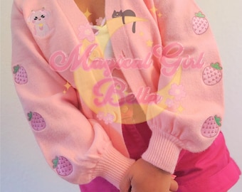 Strawberry Cow Cardigan - Embroidered Kawaii Pink Cardigan