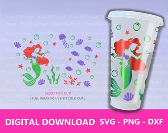 Mermaid Tale SVG Summer Starbucks Cup for 24oz Venti Tumbler Wrap Design Template, Png, Dxf, Silhouette, Cricut Cut Files Diy