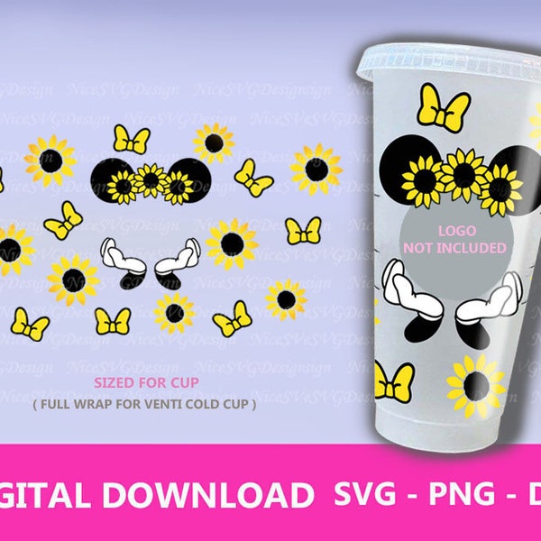 Sunflower Mouse Ears and Bow SVG Wrap Design Template for Starbucks 24oz Venti Cold Cup, Png, Silhouette, Dxf, Cricut Cut Files Diy