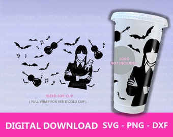 Wednesday Silhouette Svg Cold Cup Halloween Wrap Template for Starbucks 24oz Venti Tumbler, Png, Dxf, Digital, Cricut Cut Files Diy