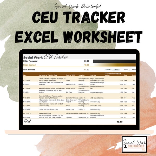 Social Work CEU Tracker Excel Worksheet Template | Social Work Continuing Education Units Tracker