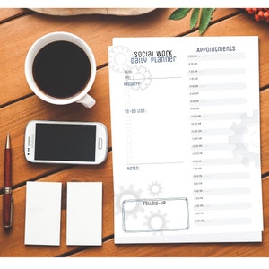 May include: A printable social work daily planner with a gray and white color scheme. The planner includes sections for appointments, to-do list, notes, and follow-up. The planner is decorated with gears.