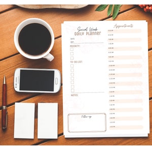May include: A printable social work daily planner with sections for appointments, priority tasks, to-do list, and notes. The planner has a floral design and a follow-up section.