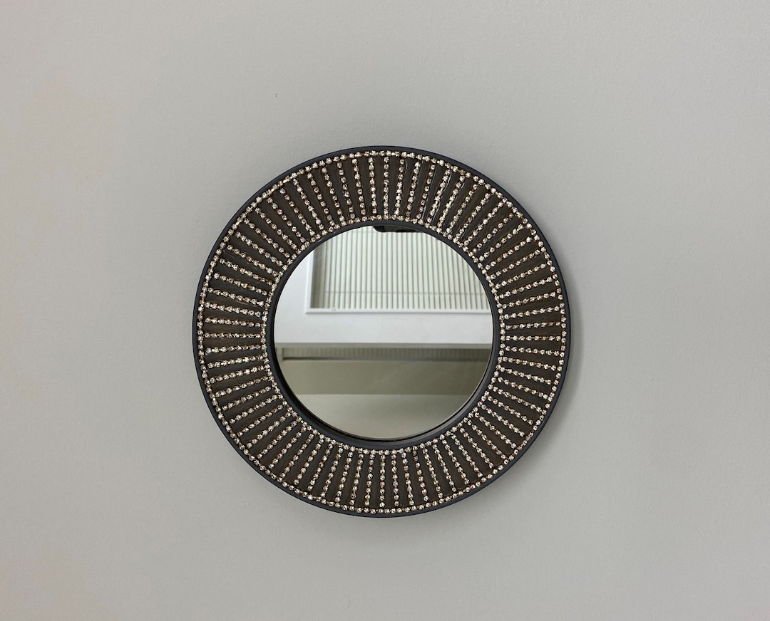 Round Wall Mount Mirror With Clear Crystal Gold Finish Etsy