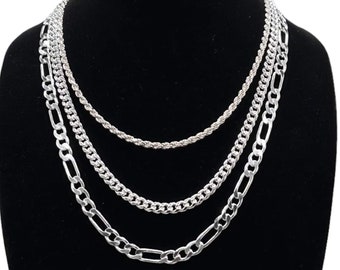 Solid Sterling Silver 925 Necklaces, Solid Rope Chain, Stylish Figaro Necklace, Miami Cuban Link Chain, Daily Jewelry Necklace, Jewelry Gift