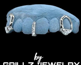 Silver Open Face Canines with Diamond Cut Bar Grillz, Custom Gold Teeth Caps, Hip Hop Jewelry.