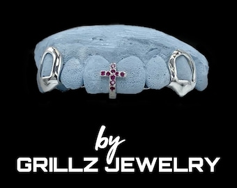 Custom Silver Grillz: Open Face Fangs, Red CZ Cross Gap Filler