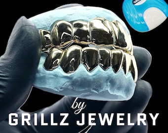 Sterling Silver Grillz: Custom Shiny Gold Tooth Caps
