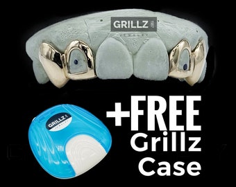 Best seller grillz, FREE Case, open face, middle two skipped with FREE small fangs added, done fast, express delivered by Grillz jewelry