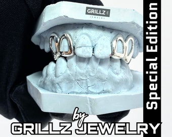 May include: Silver-colored grillz displayed on a light blue dental mold. The grillz are showcased with the text "Special Edition" and "Grillz Jewelry" in the image. The background is white.