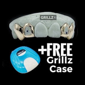 Best seller grillz, FREE Case, open face, middle two skipped with FREE small fangs added, done fast, express delivered by Grillz jewelry