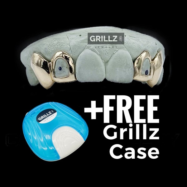 Best seller grillz, FREE Case, open face, middle two skipped with FREE small fangs added, done fast, express delivered by Grillz jewelry