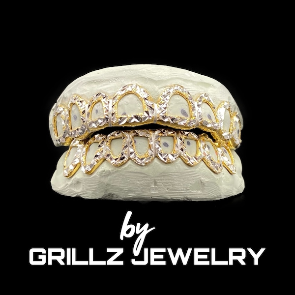 Open face grillz with FREE shiny diamond dust, cuts  (925 Silver - Real 14K Gold) FAST Process, Free 2 Days U.S. Delivery by GRILLZJEWELRY