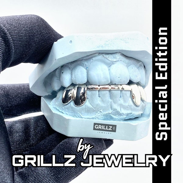 Custom grillz, trendy grills, stylish tip covering, two solids each end, Italian high quality Silver, Gold, FREE mold kits, FREE Shipping