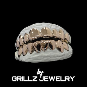 Original Custom Grillz, Solid/Plain Design, Free Perm Cuts (925 Silver - Real 14K Gold) done in 3 Days, FREE 2-Day Shipping by GRILLZJEWELRY