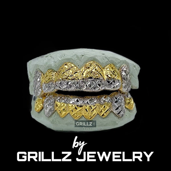 Custom grillz special design two tone with diamond cuts and dust (Silver 925 - 14K Gold), fast turnaround, 2 days shipping by Grillz jewelry