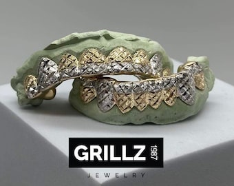 Gold Diamond Cut Grillz, Custom Full Set Teeth, Silver 925 10K Gold Custom Fit Grillz, Hip Hop Jewelry.