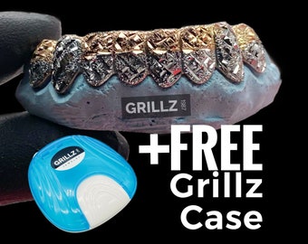 Custom grillz, FREE CASE, two tones with diamond cuts and dust (Silver 925 - 14K Gold), fast turnaround, 2 days shipping by Grillz jewelry