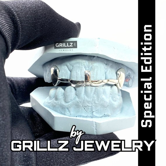 Pointed Fang Grillz: Italian Silver Tooth Caps, Gap Filler, FREE Mold Kit