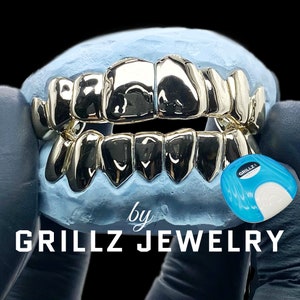 Grillz 18K yellow gold double plated, FREE GRILL CASE, best permanent cuts, Italian Sterling Silver 925, lowest price, emergency turnaround