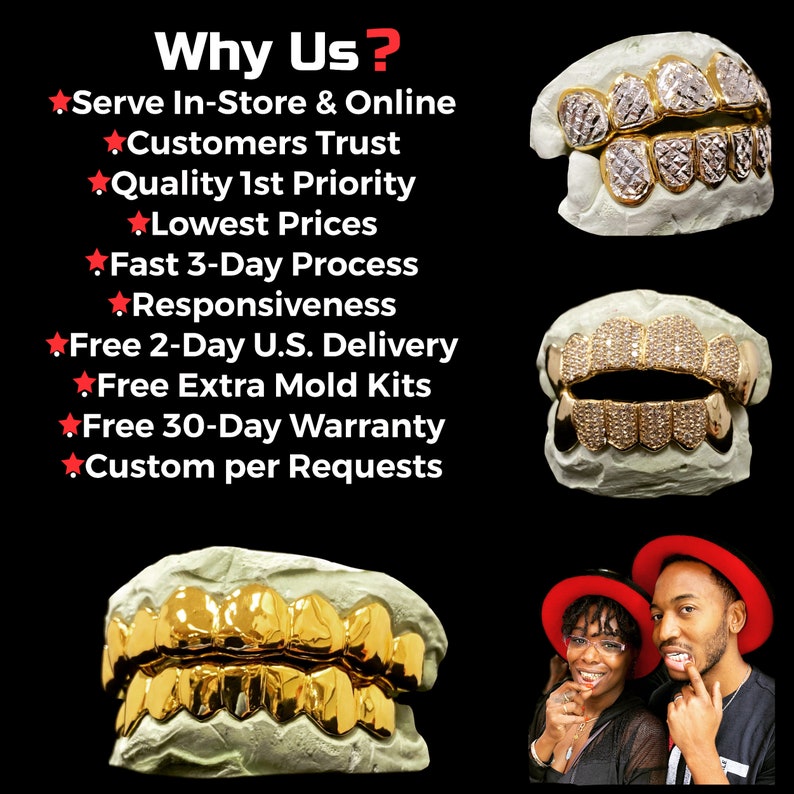 Custom grillz, FREE diamond dust, 925 Silver Real 14K Gold , FREE mold kits, Fast process, FREE 2 Day Shipping by Grillz jewelry image 8