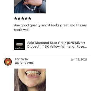 Puede incluir: Dos rese&ntilde;as de clientes para una empresa de joyer&iacute;a grillz. La primera rese&ntilde;a es de cinco estrellas y dice "S&iacute;, buena calidad y se ve genial y se ajusta bien a mis dientes". La segunda rese&ntilde;a es de cinco estrellas y dice "Un servicio al cliente incre&iacute;ble y un tiempo de respuesta r&aacute;pido. &iexcl;Este es el lugar al que ir!"