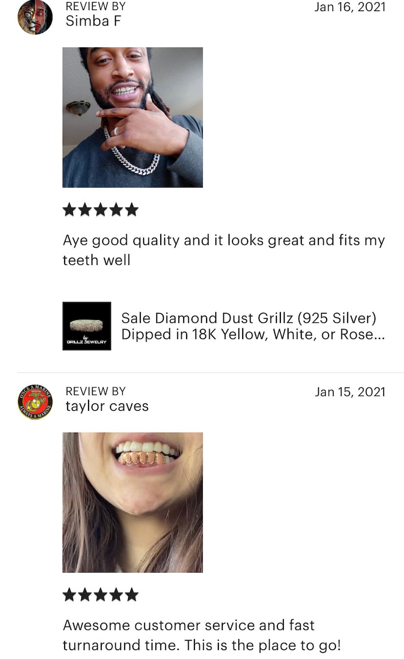 Puede incluir: Dos rese&ntilde;as de clientes para una empresa de joyer&iacute;a grillz. La primera rese&ntilde;a es de cinco estrellas y dice "S&iacute;, buena calidad y se ve genial y se ajusta bien a mis dientes". La segunda rese&ntilde;a es de cinco estrellas y dice "Un servicio al cliente incre&iacute;ble y un tiempo de respuesta r&aacute;pido. &iexcl;Este es el lugar al que ir!"
