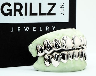 Silver Plain Solid Custom Grillz, High Polish Full Set Teeth Caps, Silver 925 10K Gold Custom Fit Grillz.