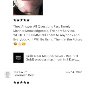 K&ouml;nnte beinhalten: Zwei Kundenbewertungen f&uuml;r ein Grillz-Schmuckunternehmen. Die erste Bewertung ist mit f&uuml;nf Sternen und lautet: "Sie beantworten alle Fragen schnell und zeitnah, sind kompetent und bieten einen freundlichen Service. Ich w&uuml;rde sie jedem empfehlen und jedem... Ich werde sie in Zukunft weiterhin nutzen" mit einem Daumen-hoch-Emoji. Die zweite Bewertung ist mit f&uuml;nf Sternen und lautet: "Pure gute Qualit&auml;t, ich mag sie, sie sind stylisch UP!" mit einem Feuer-Emoji. Beide Bewertungen enthalten ein Bild der Grillz.