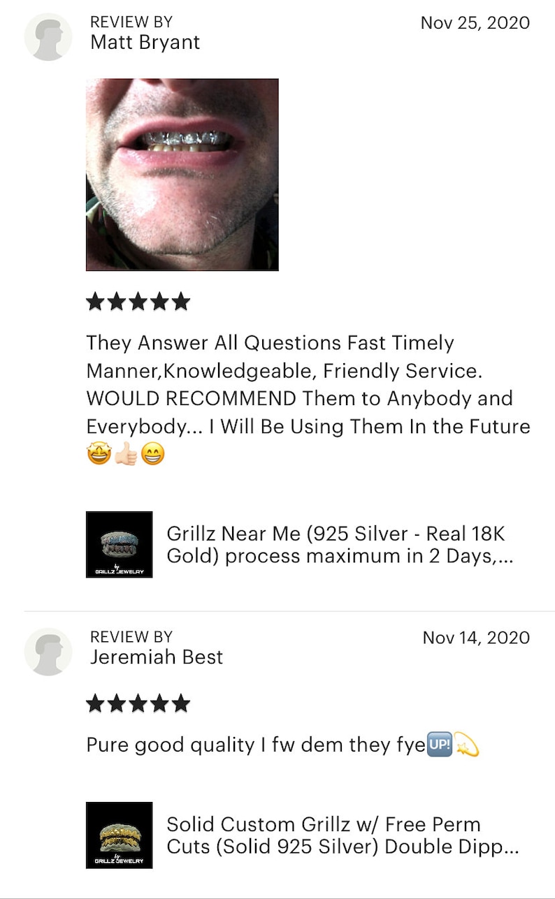 K&ouml;nnte beinhalten: Zwei Kundenbewertungen f&uuml;r ein Grillz-Schmuckunternehmen. Die erste Bewertung ist mit f&uuml;nf Sternen und lautet: "Sie beantworten alle Fragen schnell und zeitnah, sind kompetent und bieten einen freundlichen Service. Ich w&uuml;rde sie jedem empfehlen und jedem... Ich werde sie in Zukunft weiterhin nutzen" mit einem Daumen-hoch-Emoji. Die zweite Bewertung ist mit f&uuml;nf Sternen und lautet: "Pure gute Qualit&auml;t, ich mag sie, sie sind stylisch UP!" mit einem Feuer-Emoji. Beide Bewertungen enthalten ein Bild der Grillz.