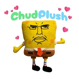 May include: A yellow plush toy resembling a cartoon character with a stern expression, wearing glasses, a white shirt, and an orange tie. The toy has brown shorts, striped socks, and black shoes. The text "chudPlush" is above the toy, with pink hearts.