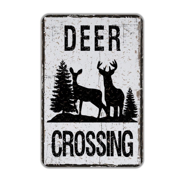 Distressed Buck Deer Crossing Farm Metal Sign, Rustic Style Contemporary Modern Farmhouse Wall Decor, Woodland Themed Vintage Novelty Gift