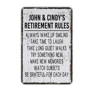 Personalized Retirement Rules Metal Sign, Distressed Contemporary Modern Farmhouse Wall Decor, Retirement Bucket List for Retiree, 8&quot;x12&quot;