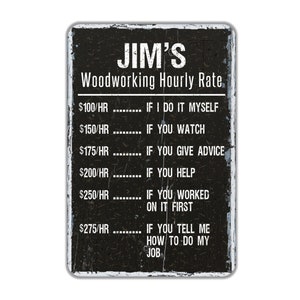 May include: Black and white sign with the text "JIM'S Woodworking Hourly Rate" and a list of prices and descriptions. The prices range from $100/HR to $275/HR. The descriptions include "IF I DO IT MYSELF", "IF YOU WATCH", "IF YOU GIVE ADVICE", "IF YOU HELP", "IF YOU WORKED ON IT FIRST", and "IF YOU TELL ME HOW TO DO MY JOB".