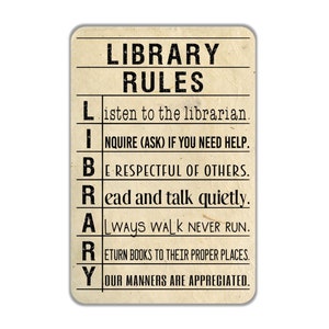 Vintage Style Library Card Library Rules Sign, Contemporary Modern Farmhouse Metal Wall Decor, Library Lovers Themed Gift, 8&quot;x12&quot;