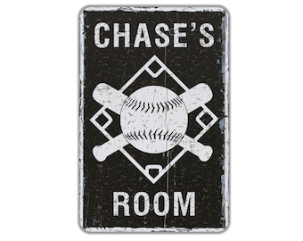 Personalized Boys Name Room Metal Sign, Distressed Rustic Wall Decor, Baseball, Bat And Field Sports Themed Vintage Novelty Gift, 8"x12"