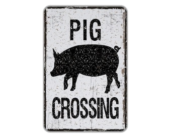 Distressed  Pig Crossing Swine Hog Farm Metal Sign, Contemporary Modern Farmhouse Wall Decor, Farm Animal Themed Vintage Novelty Gift 8"x12"