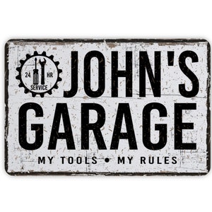 Vintage Style Personalized Garage Sign, Contemporary Modern Farmhouse Metal Wall Decor, Man Cave Themed Vintage Novelty Gift, 12"x8"