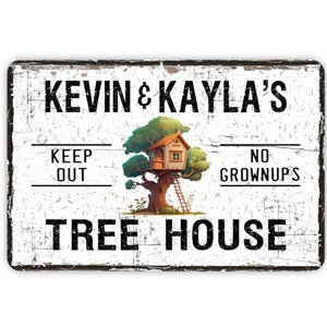 Letrero de casa en el árbol, decoración de pared de metal personalizada, moderna y contemporánea, estilo rústico, regalo vintage con temática de lugar de reunión en el patio trasero, 12 x 8 pulgadas