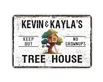 Tree House Sign, Custom Personalized Contemporary Modern Farmhouse Metal Wall Decor, Backyard Hangout Themed Vintage Novelty Gift, 12"x8"