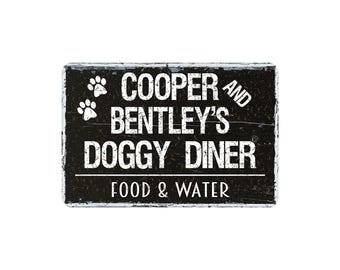 Personalized 2 Dog Doggy Diner Funny Dog Rustic Metal Sign, Modern Wall Metal Farmhouse Style Dog Home Decor, Dog Food Station Sign, 12"x8"
