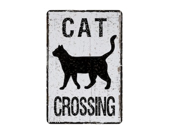 Distressed Cat Crossing Metal Sign, Rustic Style Contemporary Modern Farmhouse Wall Decor, Feline Themed Vintage Novelty Gift, 8" x 12"