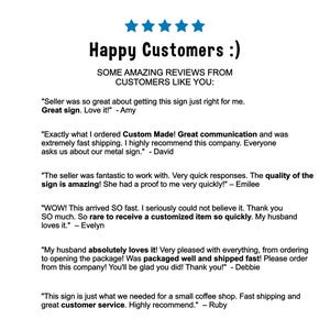 May include: White background with the text "Happy Customers :)" and customer reviews. The reviews highlight positive experiences with a seller, mentioning fast shipping, quality, and custom orders. Blue star graphics are at the top.